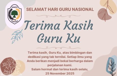 Poster ucapan Selamat Hari Guru Nasional dari Wanita PERSAHI dengan pesan “Terima Kasih Guru Ku” serta desain ilustrasi buku dan dedikasi untuk guru, 25 November 2025.